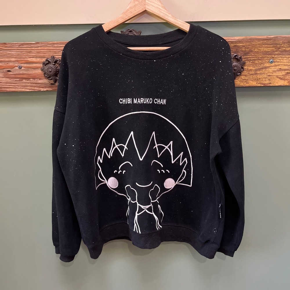 Peacebird Chibi Maruko Chan Black Glitter Embroidered Anime Sweatshirt Mens M